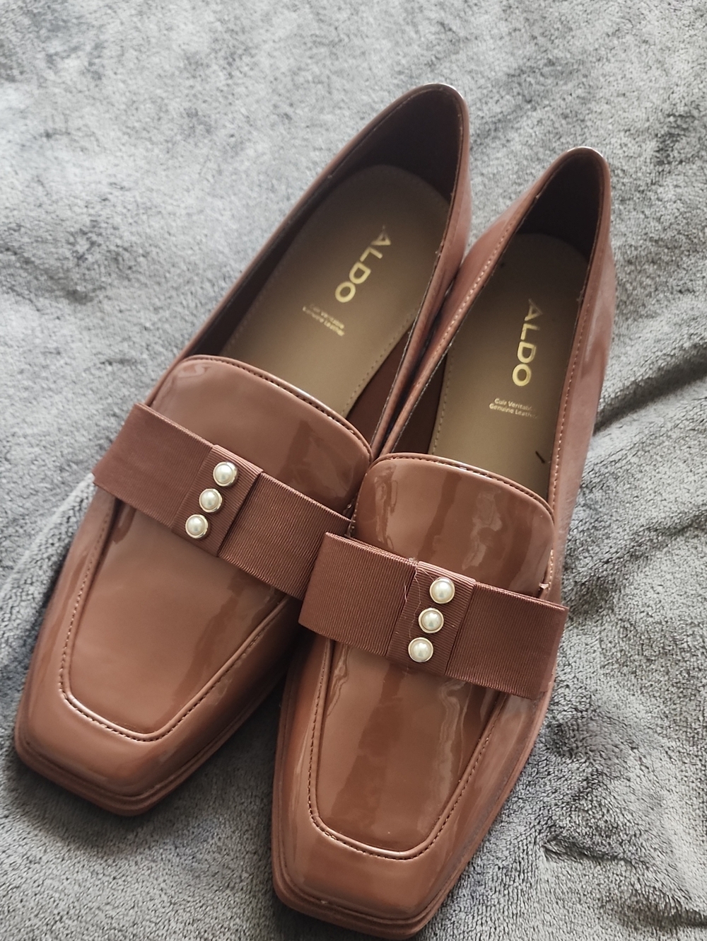 ALDO Women's Brown Patent Loafers with Grosgrain Bow and Pearls